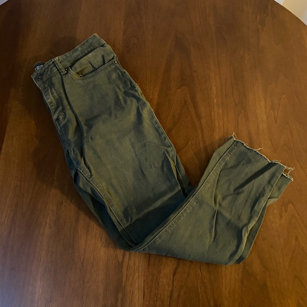 Olive green raw edge skinny jean